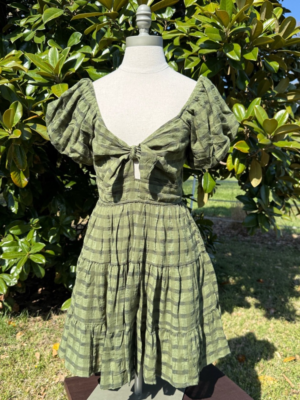Trixxi Olive Green Tie-Front Puff Sleeve Mini Dress